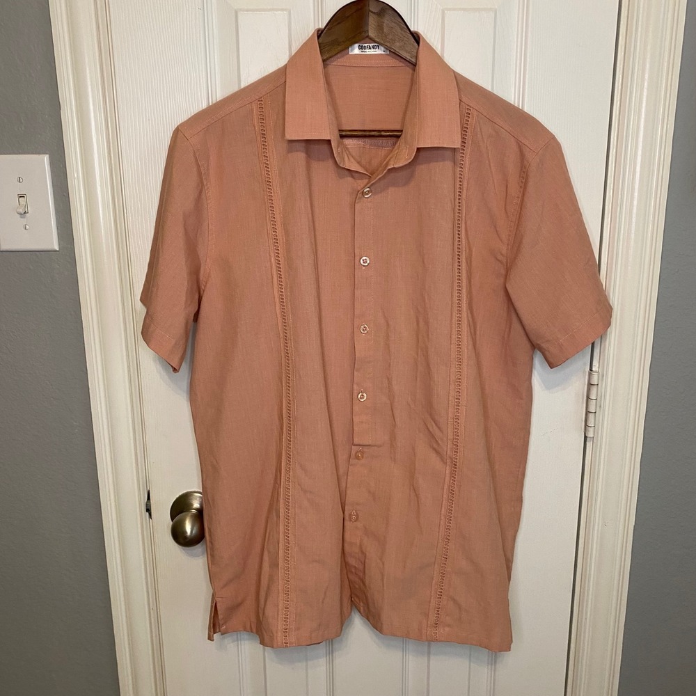 COOFANDY Mens Salmon Pink Guayabera Style Short Sleeve Button Down Shirt Medium